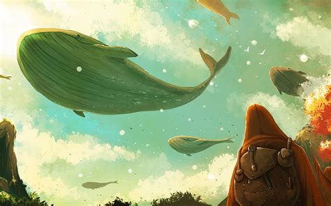 1080x1920 resolution | man with flying whales poster, flying, whale, atmosphere, surreal HD ...