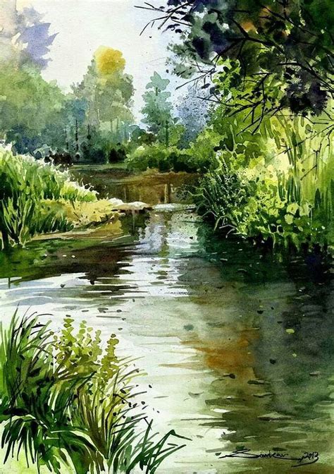 水彩风景林流水河流水 Watercolor landscape forest stream river water