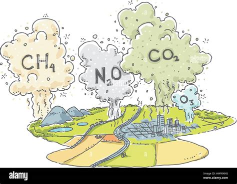 Una caricatura del paisaje con nubes de gases de efecto invernadero ...