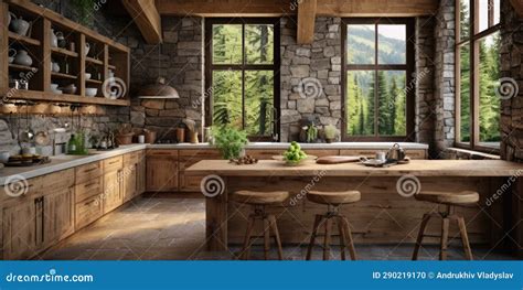 Modern Interior Design of Rustic Kitchen with Island Stock Illustration ...