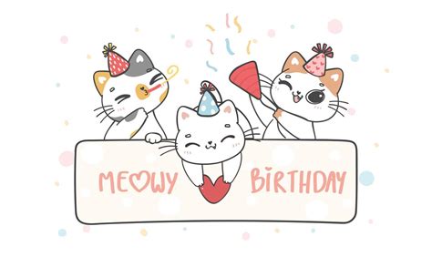 group of three cute funny playful kitten cats celebrating pary birthday ...