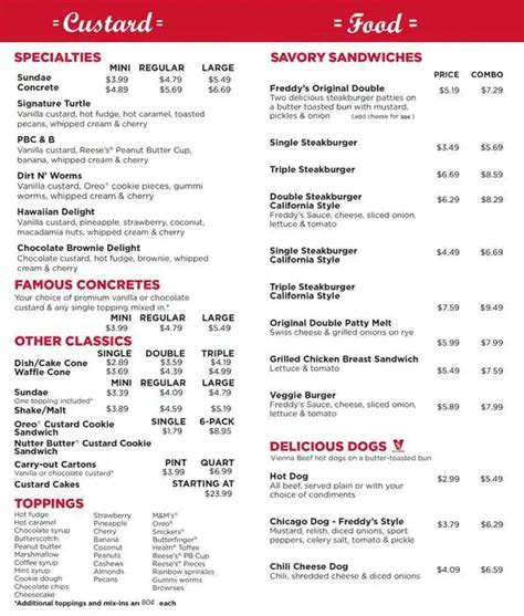 Freddy's Printable Menu