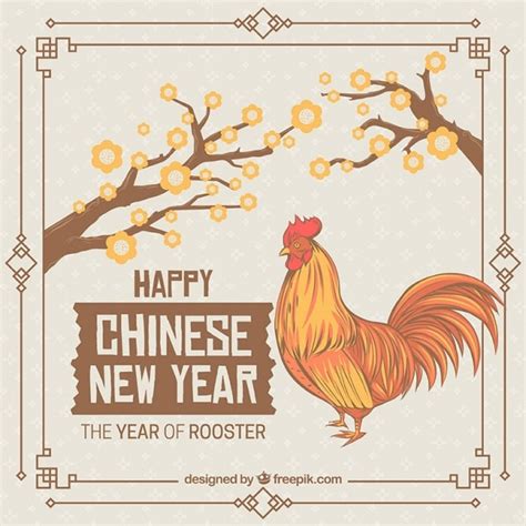 Premium Vector | Hand drawn rooster chinese new year vintage card