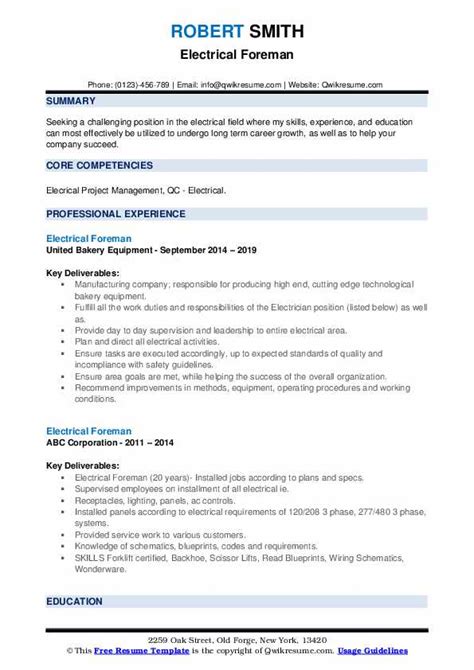 Electrical Foreman Resume Samples | QwikResume