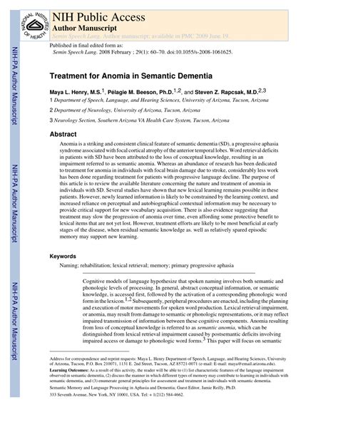 (PDF) Treatment for Anomia in Semantic Dementia