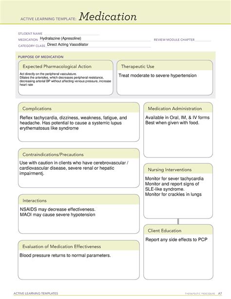 ATI Hydralazine Med Sheet - ACTIVE LEARNING TEMPLATES THERAPEUTIC PROCEDURE A Medication STUDENT ...