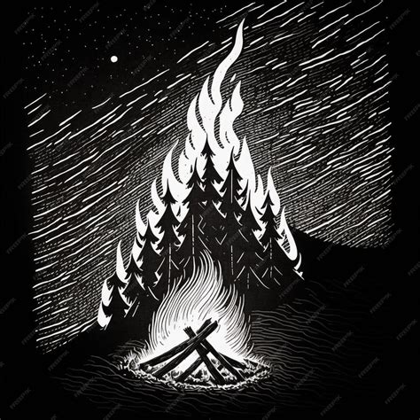 Premium Photo | A black and white drawing of a campfire with a mountain ...