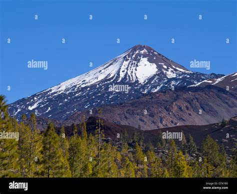 Mount Teide , volcanic peak in Tenerife Canary Islands, highest mountain in Spain, snow on the ...