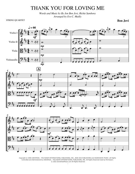 Thank You For Loving Me (arr. Eve C. Mailly - Zene Strings) Sheet Music | Bon Jovi | String Quartet