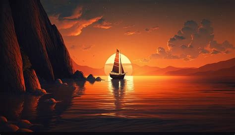 Premium Photo | A sailboat in the ocean with a sunset in the background