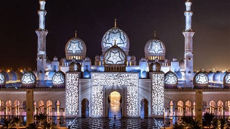 Sheikh Zayed Mosque Abu Dhabi United Arab Emirates Light Effects Decoration In The Night Desktop ...