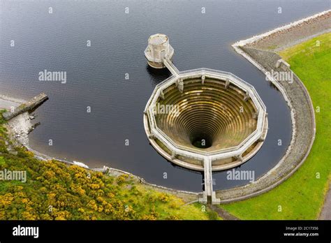 Aerial view of bellmouth spillway at Whiteadder reservoir in East ...