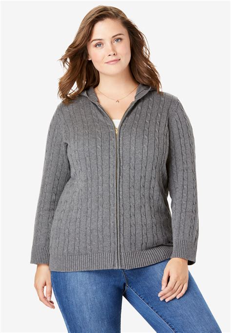 Hooded Cable Knit Zip-Front Cardigan | Plus SizeSweaters & Cardigans | Fullbeauty