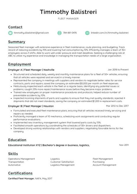 Fleet Manager Resume (CV) Example and Writing Guide