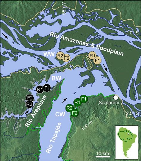 Map of the study area near Santarém, Brazil, with locations of the... | Download Scientific Diagram