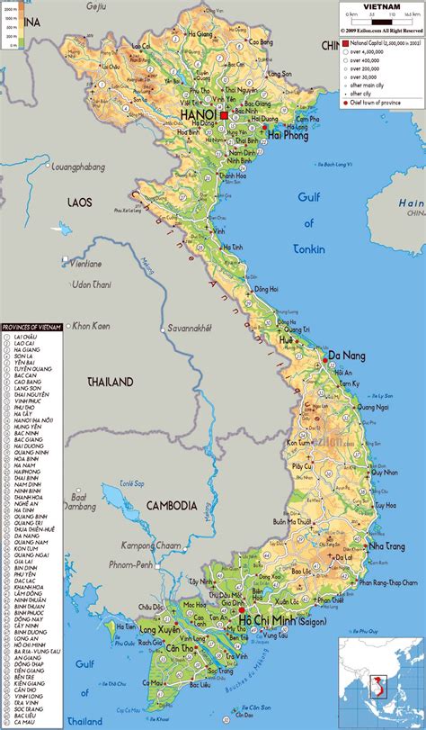 Large physical map of Vietnam with all roads, cities and airports ...