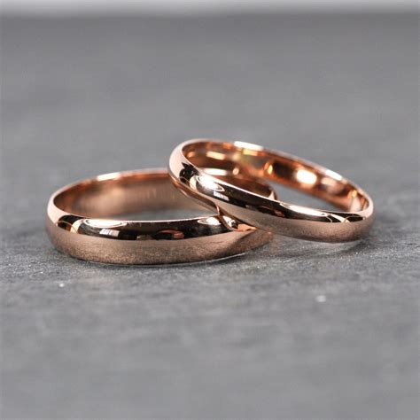 Rose Gold Wedding Band Set Solid 14K Rose Gold Rings Half