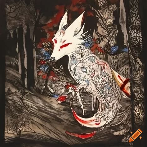 Kitsune yokai walking down the side of a small forest stream, final ...