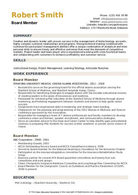 Board Member Resume Samples | QwikResume