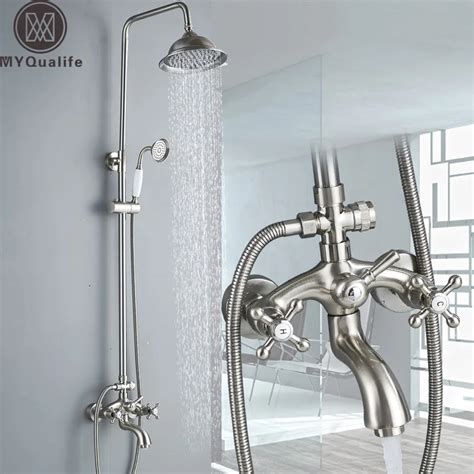 Nickel Brushed Bathroom Shower Faucet Mixer Set 8" Rainfall Shower Head Dual Handle + Tub Spout ...