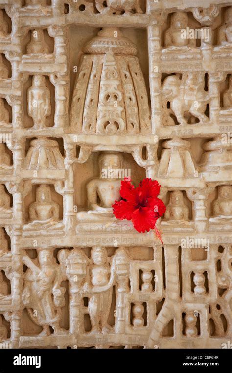 White marble religious icon carvings at The Ranakpur Jain Temple at ...