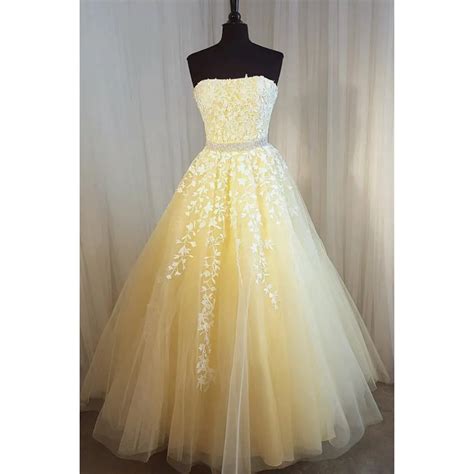 Elegant Light Yellow Long Dress Evening Dress Strapless A Line Lace Tulle Prom Gowns 2019 Custom ...