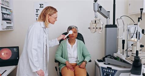 Eye Care Exam, Patient and Optometrist Woman Cover Vision for Optical ...