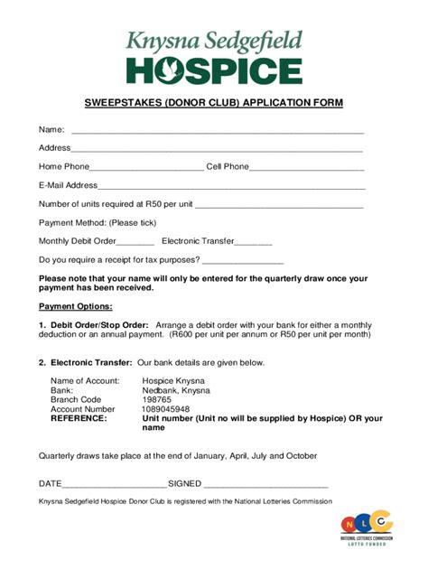 2019-2024 ZA Knysna Sedgefield Hospice Sweepstakes Donor Club Application Form Fill Online ...