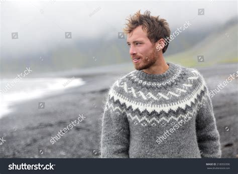 Handsome Man Walking Black Sand Beach On Iceland Wearing Icelandic ...