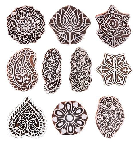 HASHCART Wooden Pottery Stamps for Block Printing - Stamp Set of 10 Wooden Clay Stamps Wood ...