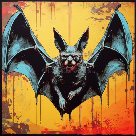Vibrant Pop Art Painting: Blue Spray Paint Bat on Yellow Background ...