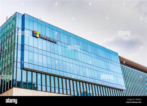 Exterior view of Microsoft Corporation logo on glass windowed West side of Pacific Cente Mall ...