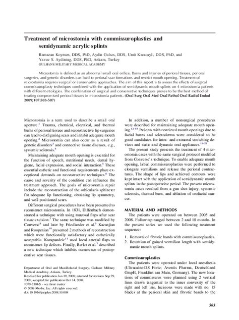 (PDF) Treatment of microstomia with commissuroplasties and semidynamic acrylic splints | Aydin ...