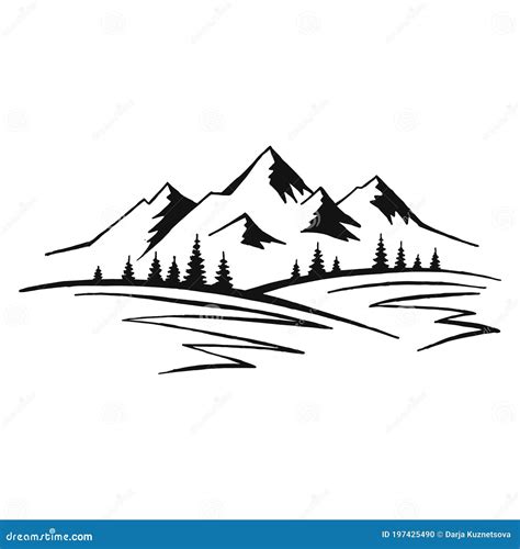 Mountain with Pine Trees and Landscape Black on White Background. Hand Drawn Rocky Peaks in ...