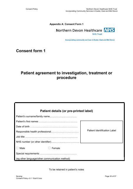 Consent form 1 Patient agreement to investigation, treatment or ...