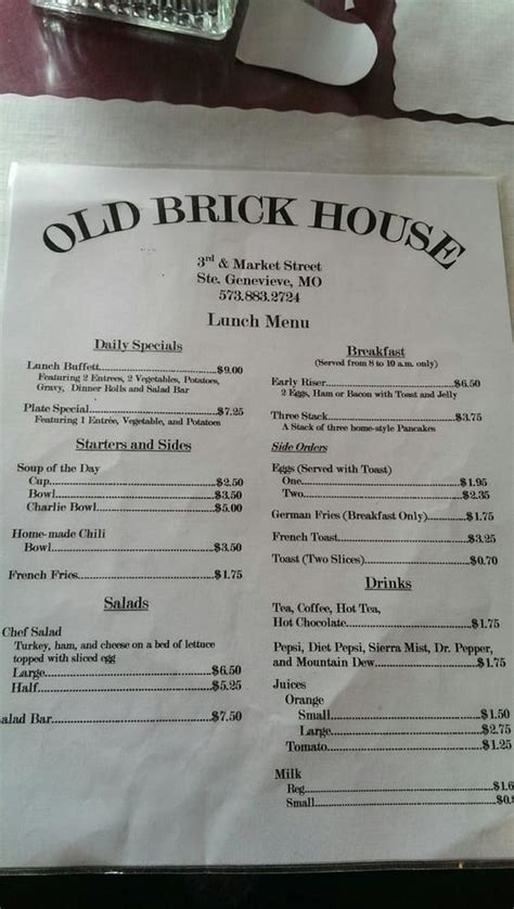 Menu at Old Brick House restaurant, Ste. Genevieve