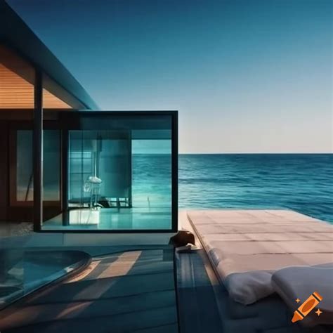 Modern house with glass walls overlooking the sea