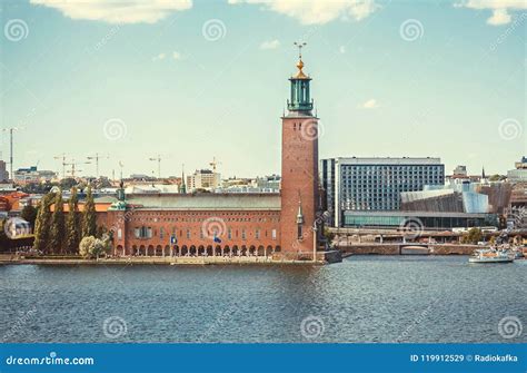 Sweden Capital with Tower of City Hall and Calm Waters Around Stock ...