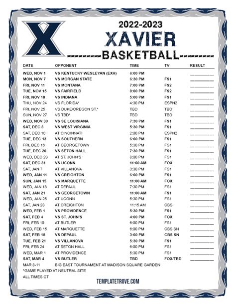 Printable 2022-2023 Xavier Musketeers Basketball Schedule