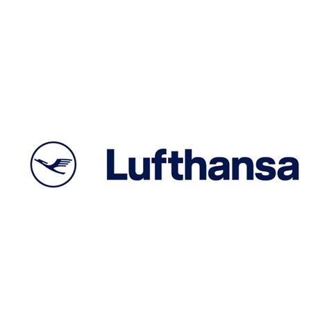 the lufthansa logo is shown in blue and white, with an airplane flying over it