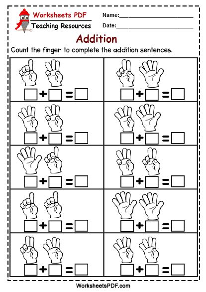 Count the finger to complete the addition sentences. - Worksheets PDF