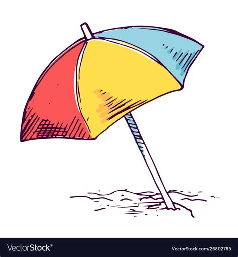 Sand beach umbrella color hand drawn illustration. Striped sun parasol isolated sketch clipart ...