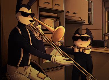 two cartoon characters are playing trombones in the kitchen, one is dressed as batman