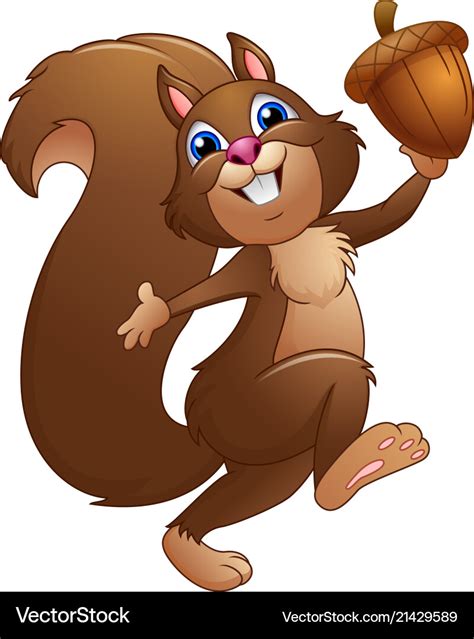 Happy cartoon squirrel holding acorn Royalty Free Vector