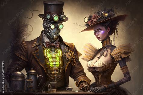 Futuristic automatons serving as personal assistants steampunk style painting. Digital art ...