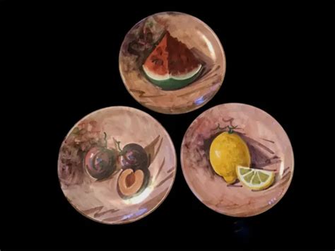 VINTAGE PEASANT VILLAGE Italian Pottery Three Hand Painted Fruit Plates 8.25” $45.00 - PicClick
