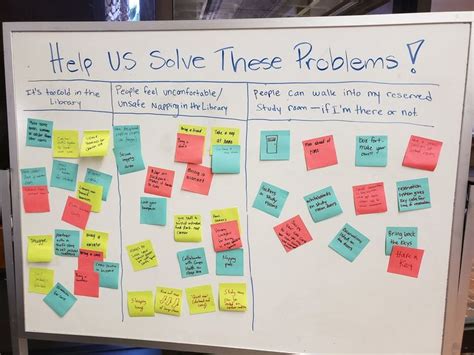 a white board with sticky notes attached to it that says help us solve these problems?