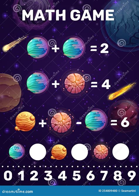 Math Game Worksheet with Cartoon Space Planets Stock Vector ...