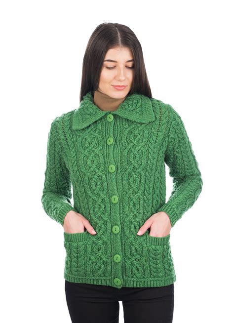 SAOL - Irish Cardigan Sweater for Women 100% Merino Wool Aran Knit Ladies Button Long Sleeve ...