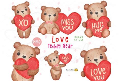 Valentine Teddy Bear Watercolour Clipart Graphic by Janatshie · Creative Fabrica